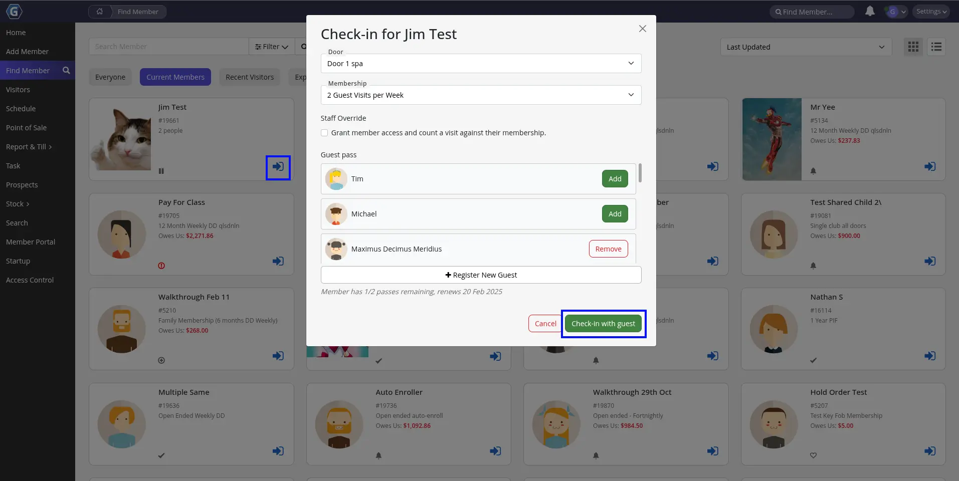 Checking in a member and their guest