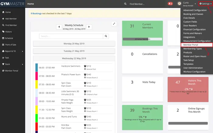 where to find member portal settings in GymMaster