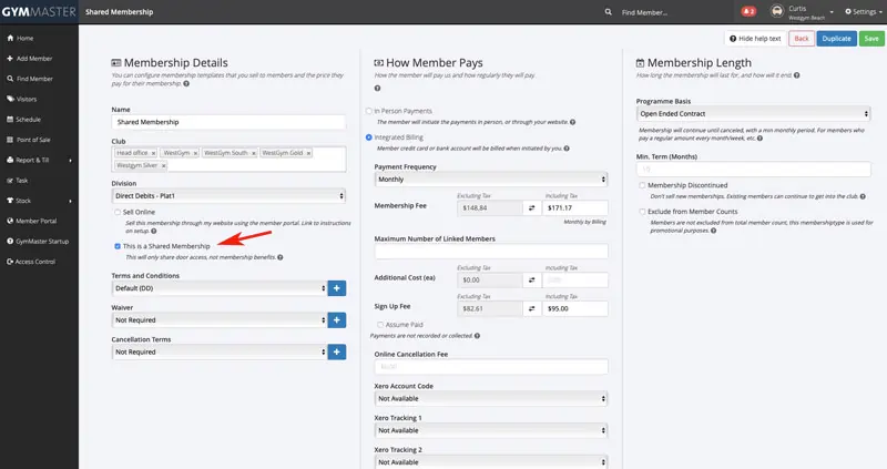 shared memberships button in membership page of gymmaster gym software