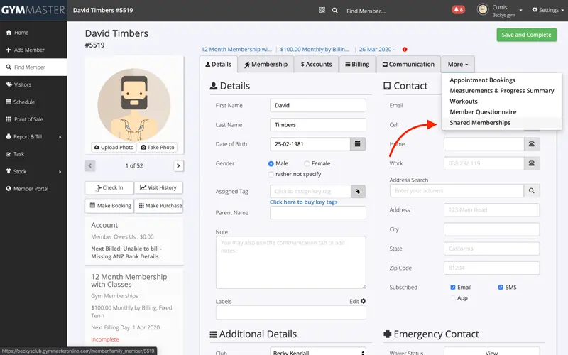 gymmaster shared family memberships - steps to adding membership to member