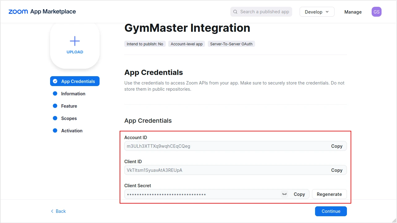 gymmaster zoom livestreaming integration step 6 within zoom api key copy